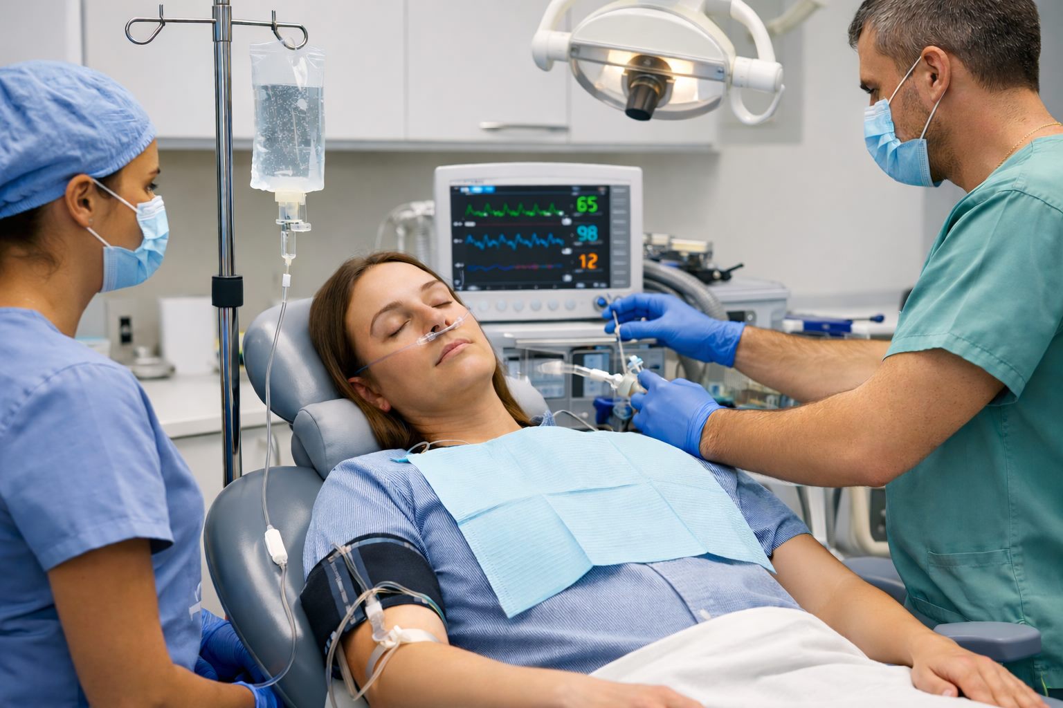 Patient resting comfortably under IV sedation while vital signs are monitored