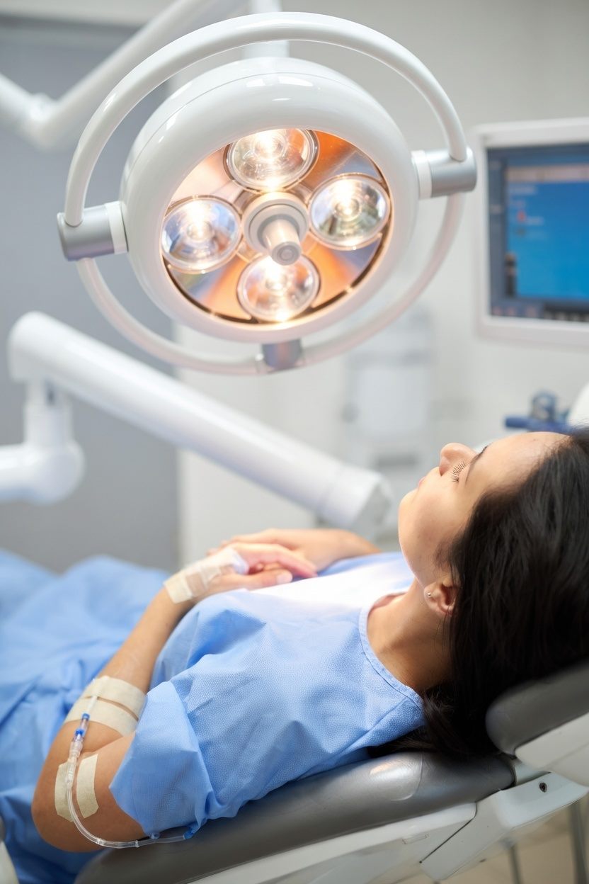 Relaxed patient with an IV line resting in a dental chair beneath a surgical light