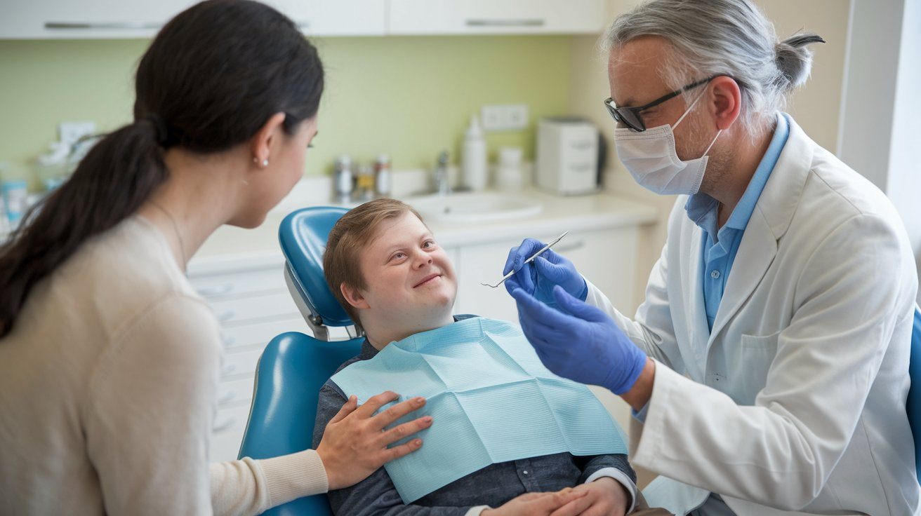 Smiling patient with Down syndrome in a dental chair with his caregiver and dentist